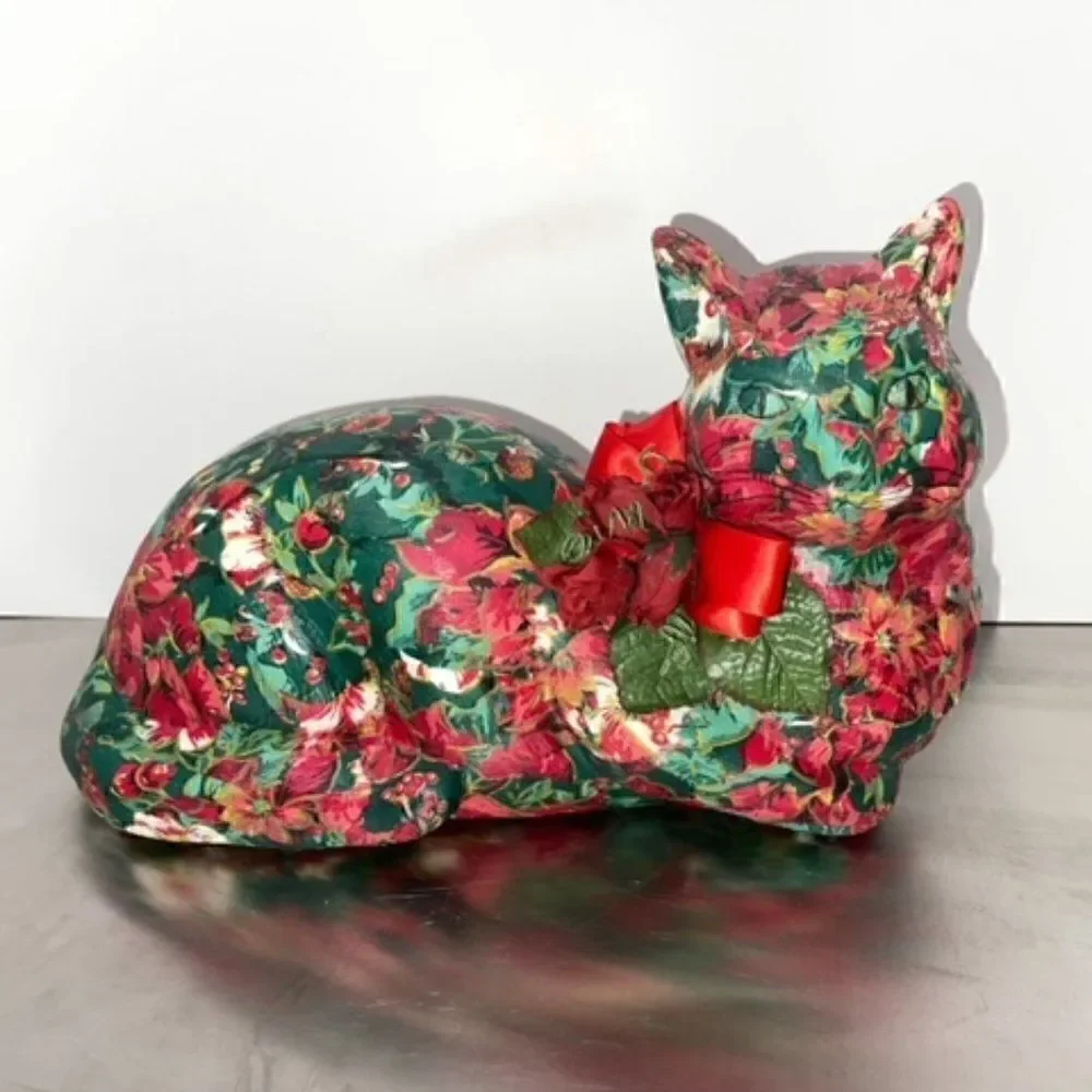 Large Paper Mache Christmas Cat Red Green White Gold Laying Down Roses Bow 12.25